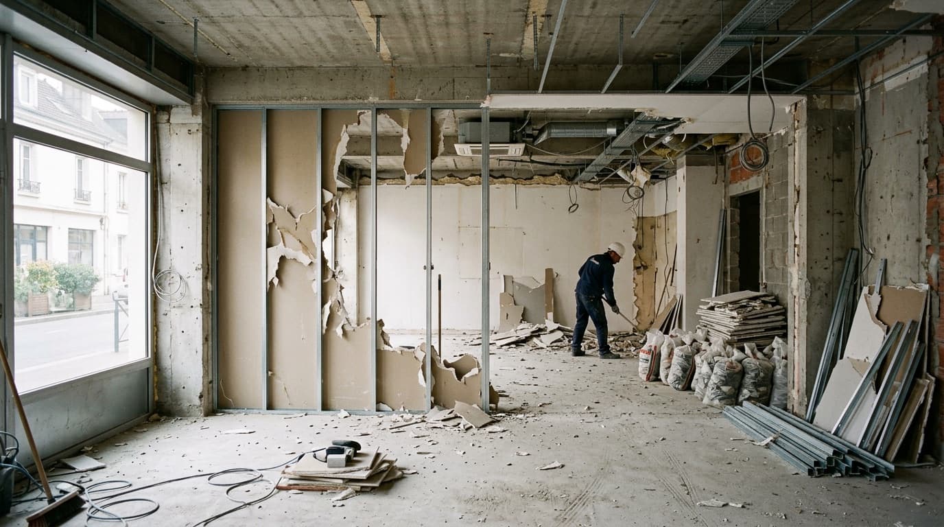 Démolition intérieure en cours : dépose des cloisons en plaques de plâtre et tri des gravats dans un local commercial avant rénovation