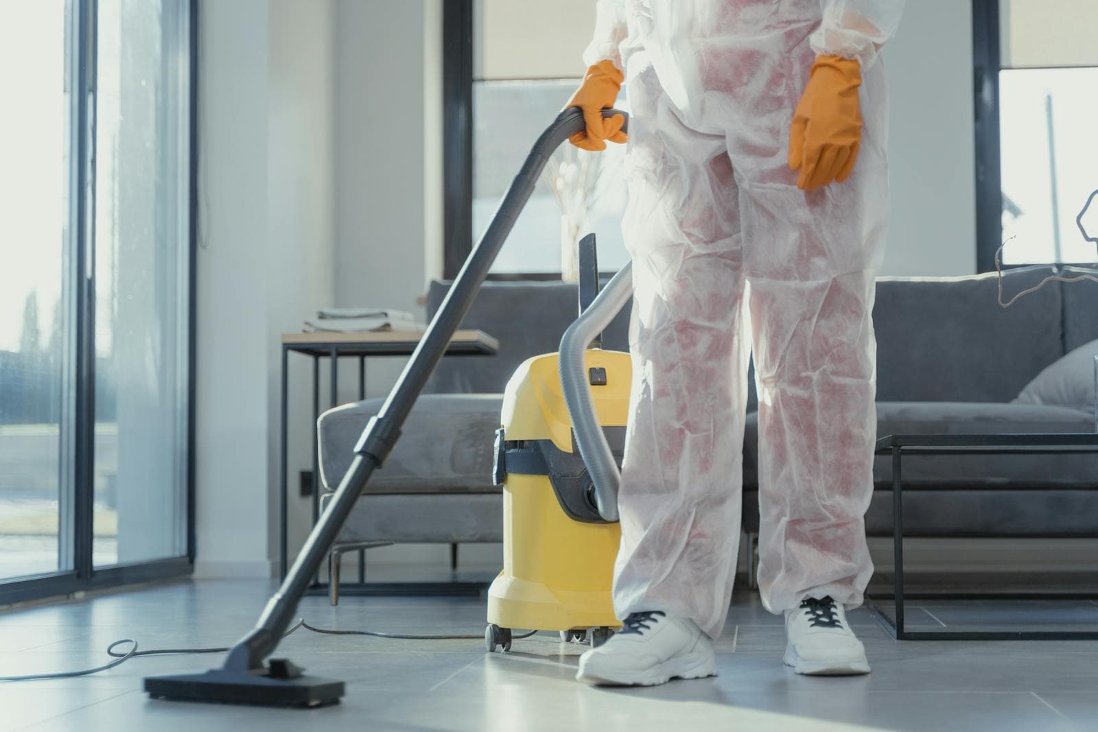 Intervenant en équipement de protection individuelle lors d'un nettoyage et débarras Diogène