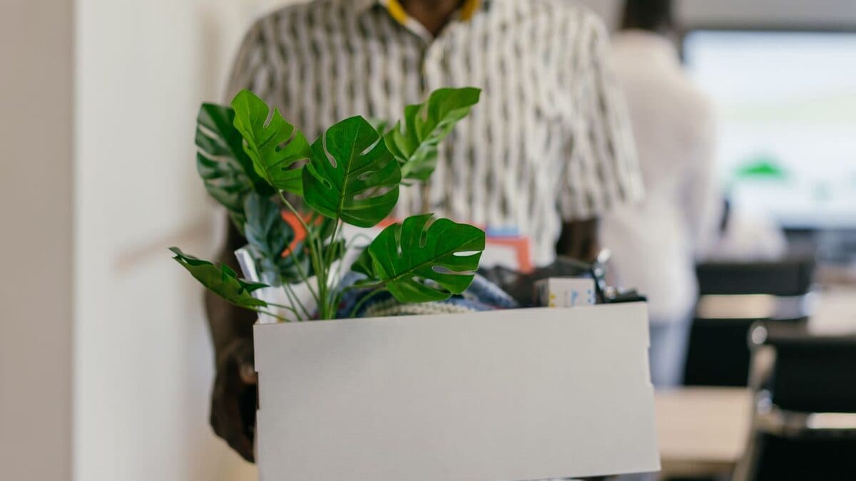 Personne portant un carton d'affaires de bureau lors du départ des locaux, opération à planifier pour tenir le délai.